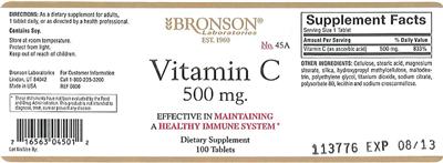 Photo of the Bronson Laboratories Vitamin C 500 mg label
