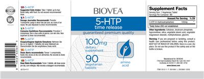 Photo of the BIOVEA 5-HTP Time Release 100 mg label