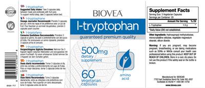 Photo of the BIOVEA L-Tryptophan 500 mg label