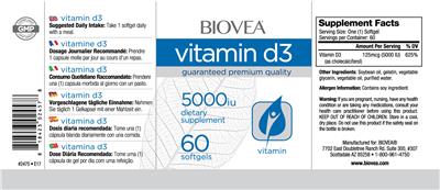 Photo of the BIOVEA Vitamin D3 5000 IU label