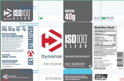 Photo of the Dymatize ISO100 Clear Blue Raspberry label