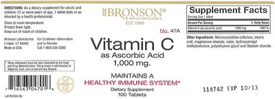 Photo of the Bronson Laboratories Vitamin C As Ascorbic Acid 1,000 mg label
