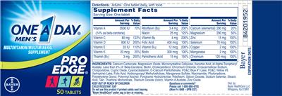 Photo of the Bayer One A Day Men's Pro Edge label