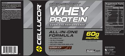Photo of the Cellucor COR-Sport Whey Protein Chocolate label