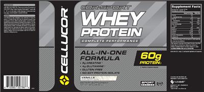 Photo of the Cellucor COR-Sport Whey Protein Complete Performance Vanilla label