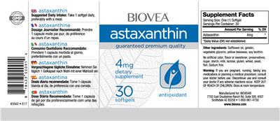 Photo of the BIOVEA Astaxanthin 4 mg label
