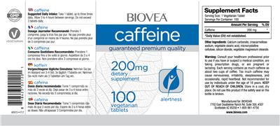 Photo of the BIOVEA Caffeine 200 mg label