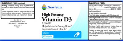 Photo of the New Sun High Potency Vitamin D3 2,000 IU label
