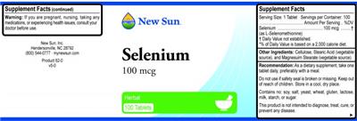 Photo of the New Sun Selenium 100 mcg label