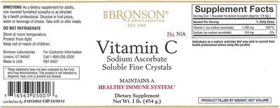Photo of the Bronson Laboratories Vitamin C Sodium Ascorbate Soluble Fine Crystals label