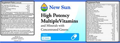 Photo of the New Sun High Potency Multiple Vitamins label