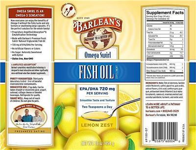 Photo of the Barlean's Omega Swirl Fish Oil Lemon Zest label