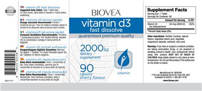 Photo of the BIOVEA Vitamin D3 Fast Dissolve 2000 IU Cherry Flavour label