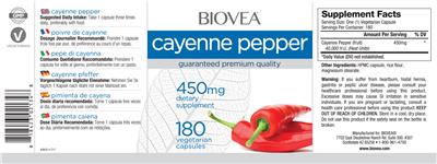 Photo of the BIOVEA Cayenne Pepper 450 mg label
