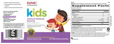 Photo of the GNC Milestones Kids Immune Defense Gummy Natural Grape Flavor label