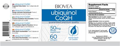 Photo of the BIOVEA Ubiquinol CoQH 50 mg label