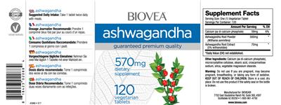 Photo of the BIOVEA Ashwagandha 570 mg label