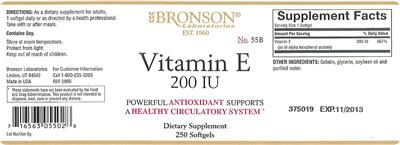 Photo of the Bronson Laboratories Vitamin E 200 IU label
