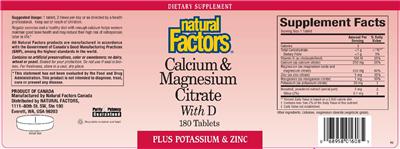 Photo of the Natural Factors Calcium & Magnesium Citrate With D Plus Potassium & Zinc label