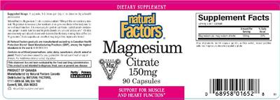 Photo of the Natural Factors Magnesium Citrate 150 mg label