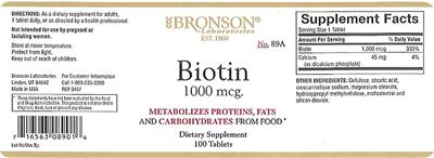 Photo of the Bronson Laboratories Biotin 1000 mcg label