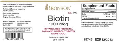 Photo of the Bronson Biotin 1000 mcg label