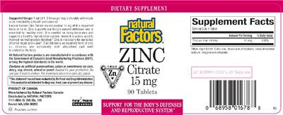 Photo of the Natural Factors Zinc Citrate 15 mg label