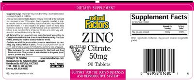 Photo of the Natural Factors Zinc Citrate 50 mg label