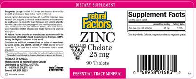 Photo of the Natural Factors Zinc Chelate 25 mg label