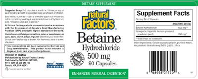 Photo of the Natural Factors Betaine Hydrochloride 500 mg label