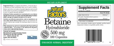 Photo of the Natural Factors Betaine Hydrochloride 500 mg label