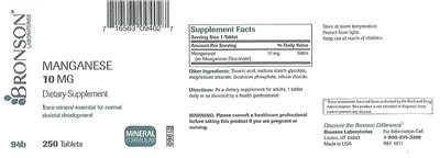 Photo of the Bronson Laboratories Manganese 10 mg label