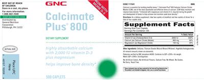 Photo of the GNC Calcimate Plus 800 label
