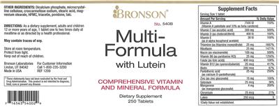Photo of the Bronson Multi-Formula With Lutein label