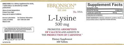 Photo of the Bronson Laboratories L-Lysine 500 mg label