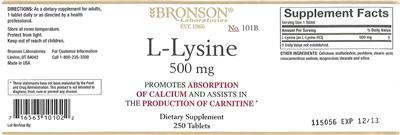 Photo of the Bronson Laboratories L-Lysine 500 mg label