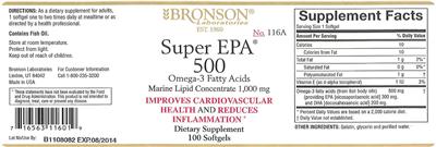 Photo of the Bronson Laboratories Super EPA 500 Omega-3 Fatty Acids Marine Lipid Concentrate 1,000 mg label