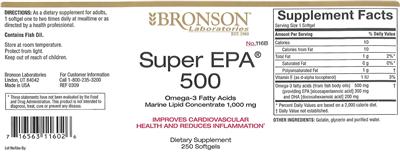 Photo of the Bronson Laboratories Super EPA 500 Omega-3 Fatty Acids Marine Lipid Concentrate 1,000 mg label