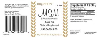 Photo of the Bronson MSM (MethylSulfonylMethane) 1,500 mg label