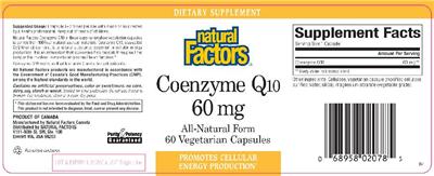 Photo of the Natural Factors Coenzyme Q10 60 mg label