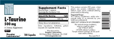 Photo of the Douglas Laboratories L-Taurine 500 mg label