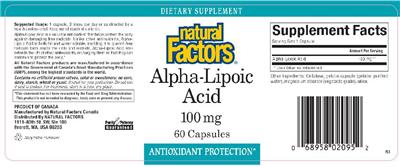 Photo of the Natural Factors Alpha-Lipoic Acid 100 mg label