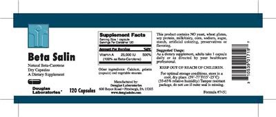 Photo of the Douglas Laboratories Beta Salin Natural Beta-Carotene Dry Capsules label