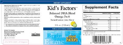 Photo of the Natural Factors Kid's Factors Balanced DHA Blend Omega 3 & 6 Natural Lemon-Lime Flavor label