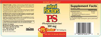 Photo of the Natural Factors PS Factor PS (Phosphatidylserine) 100 mg label