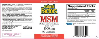 Photo of the Natural Factors MSM 1000 mg label