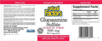 Photo of the Natural Factors Glucosamine Sulfate Sodium Free 500 mg label