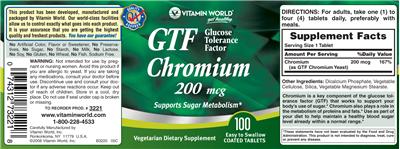 Photo of the Vitamin World GTF Chromium 200 mcg label