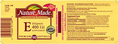 Photo of the Nature Made Vitamin E 400 IU Supplement label