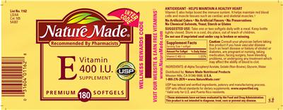 Photo of the Nature Made Vitamin E 400 IU Supplement label